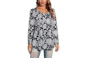 Enmain Damska tunika, koszulka z długim rękawem, tunika, długa koszulka damska, duże rozmiary, dekolt w serek, długa bluzka na co dzień, elegancka tunika, top z guzikami, wzór Paisley, S-3XL