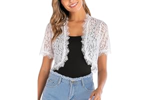 Yukiuiny Bolero koronki krótkie rękawy okładka elegancki z szydełkiem krótki sweter damski na wesela i imprezy letnie, Biały, M