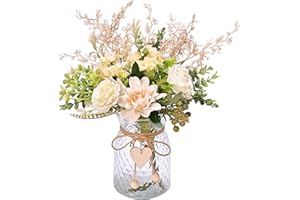 Yorkmills Artificial Flowers with Vase, White Silk Roses Flower Arrangement Fake Faux Flower in Vase Fall Spring Decor,Home Decoration,Table Centerpieces for Living Dinning Room Office Kitchen Shelf