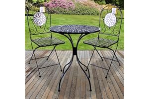 Marko Outdoor 3PC Mosaic Bistro Sets Round Table Folding Chairs Outdoor Garden Patio Cafe Furniture Al Fresco Dining (Orotava)