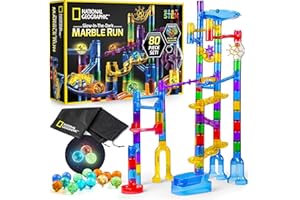 BLUE MARBLE National Geographic Glowing Marble Run – 80-częściowy zestaw do budowy z 15 świecącymi w ciemnym szkle, siatkowa torba do przechowywania i torebka na Marble, świetny kreatywny gadżet dla dziewcząt i chłopców
