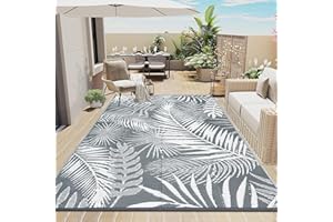 ‎ENYHOM Enyhom Outdoor Teppich Wetterfest Kunststoff Groß 180 x 270 cm RV Camping Außenteppich Wendbarer Outdoorteppich mit Blatt Balkon Garten Teppich Terrassenteppich für Strand, Patio, BBQ, Leaf-Grey