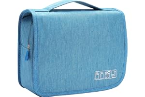Neceser de Viaje Hombre Mujer, YOKGO Bolsa de Aseo con Gancho Colgante, Neceser Maquillaj Impermeable de Gran Capacidad, Makeupn Bag, Organizador Viaje Accesorios Azul Claro
