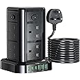 3M Tower Extension Lead with USB C Slots, Toomke Extension Tower 8 AC Outlets with 3.8A Multi USB Ports (3 USB C+3 USB A), Extension Plug Socket with 4 Individual Switches, Tower Extension Cord Black