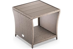 CASARIA Mesita Auxiliar de Poliratán Balcón Jardín 45x45x40cm Tablero WPC Mesa Altura Ajustable Crema