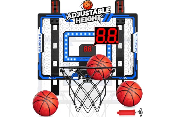 Förbättrad barnbasketkorg inomhus, höjdjusterbara basketkorgar över dörren, mini basketkorg med LED-ljus/skärm/3 bollar (blå basketkorg)