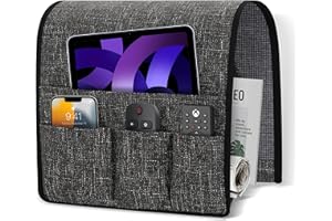 Hokibero Think Linen Sofa Organizers Armrest Cover on Couch Chair Arm for TV Remote Control Magazines with 5 Pockets Dark Grey