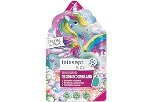 tetesept Kids Rainbow Beach Bain pétillant avec parfum fruité – Pour enfants avec mousse de licorne bouillonnante – Mousse de bain colorée et eau colorée – 1 x 40 g