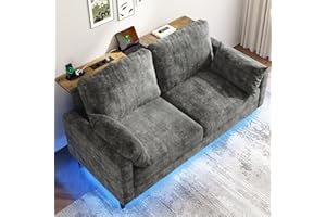 KKL Couch 2 Sitzer Sofa mit LED-Lichtschläuche und Konsolentisch, mit 2 AC-Ladeanschlüssen und 2 USB-Anschlüssen Chenille für Wohnzimmer/Schlafzimmer/Wohnung