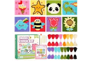 Caydo Kit point de croix enfant 8-en-1 pour enfants, comprend 8 toiles en plastique avec des motifs pré-imprimés, 13 couleurs de fils, aiguilles à broder pour débutants en couture