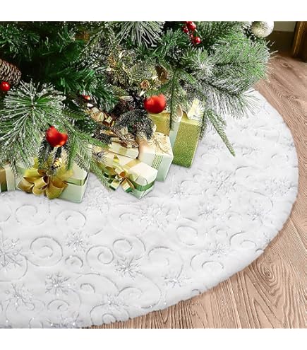 Tapis De Noel Sapin Jupe De Sapin De Noël 90 Cm SLFYEE - Simili Fourrure Blanc Neige Motif Flocon Doré Accessoire Décoration Festive