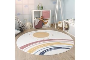 Paco Home Tappeto Rotondo Bambini Cameretta Bambina Ragezzi Arcobaleno Lavabile In Lavatrice Moderno, Dimensione:Ø 120 cm tondo, Colore:Bianco