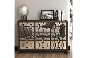 Galano Mollison 3 Door Sideboard - Moden Laser Cut Pattern with Acrylic Mirror Storage Cabinet for Living Room, Bedroom, or Kitchen (Royal Walnut)