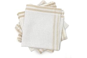 LivinEase Dish Cloths for Kitchen - Cotton Blend Tea Towels - Pack of 6 (30 x 30) Tea Towels Set- Absorbent T Towels (White-Brown Stripes)