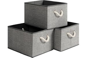 SONGMICS RFB013G01 materiałowe pudełka do przechowywania bez pokrywki, zestaw 3 sztuk, z uchwytami, 40 x 30 x 25 cm, imitacja lnu, szare