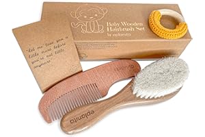 eplanita Ensemble de Brosse à Cheveux et Peigne pour Nouveau-nés et Tout-Petits, En Bois avec des Poils de Chèvre Naturels, pour Croûtes de Lait et Massage, Idéal pour la Douche de Bébé