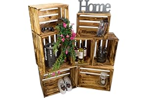 KISTENKOLLI ALTES LAND Cassette vintage fiammate, 50 x 40 x 29 cm/40 x 30 x 25 cm, decorazione per la casa, per la frutta, il vino o il fai da te (set da 7, misto)