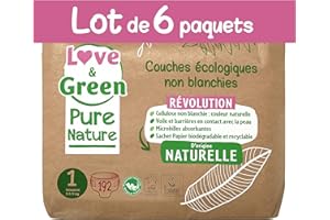 Love & Green Pure Nature Pack de Lot de 6 (32 chacun = 192) Couches écologiques non blanchies T1 x 32 (2-5 kg)