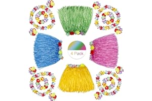 HONGXIN-SHOP Gonna di Erba Hawaii Luau Elastico Costume Fancy Dress Fiori Braccialetti Fascia per Capelli Collana per Ragazze Donne Festa di Compleanno Forniture 4 Set