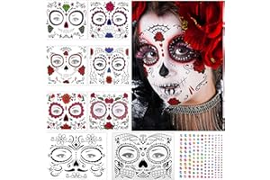 YULARA Trucco Tatuaggi Temporanei Halloween Viso: Trucco Halloween Donna Atuaggi Viso Dia de Los Muertos Catrin Adesivi Viso Halloween Make Up Halloween Truccabimbi Trucco Teschio Tattoo Sticker Halloween