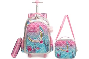 HTgroce Plecak na kółkach z rolkami, piórnik, torba na lunch 3 w 1, lekki tornister szkolny dla dziewcząt, tornister szkolny, zestaw na kółkach, Różowe syreny, plecak