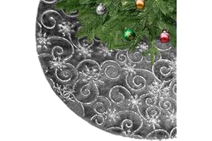 KONVINIT Grau Weihnachtsbaumdecke Plüsch Christmasbaumdecke Kunstfell Weihnachtsbaumteppich Rund Weihnachtsbaum Rock Weihnachtsdeko mit Silber Pailletten Schneeflocke,78cm/90cm/122cm