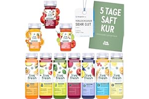 ‎LIVEFRESH LiveFresh Saftkur 5 Tage | 35 Säfte (250ml) & 15 Shots (60ml) kaltgepresst¹ | 713 Kalorien pro Tag | Vegane Fastenkur | Booklet mit Tipps & Tricks | Frisch gepresste Fruchtsäfte | 8,75€ Pfand