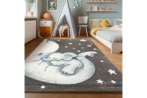‎SIMPEX SIMPEX Children's Room Elephant Design Short Pile Children's Rug Girls Play Mat Modern Design Baby Room Rugs for Boys and Girls Extra Soft and Hypoallergenic Blue and Grey 80 x 150 cm
