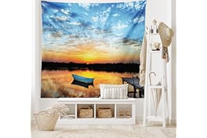 ABAKUHAUS Pescar Tapiz de Pared y Cubrecama Suave, Pequeño Barco En El Estanque, Colores Firmes y Durables, 150 x 110 cm, Azul Cielo Amarillo Negro