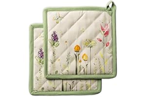 Maison d' Hermine Pot Holder 100% Cotton Easter Potholder Heat Resistant Set of 2 Hotpads with Loop for Baking Grilling Microwave, Handling Hot Pans, Botanical Fresh - Spring/Summer (20cm x 20cm)