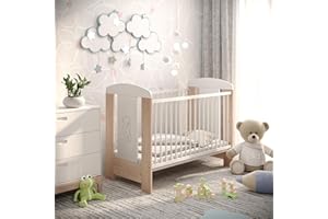 LCP Kids Lit Bebe 120x60 cm Blanc avec Matelas | Regable Niveaux du Base | 3 Barreaux Amoviable; Ours Creme