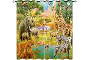 YUANZU Africa Animal Curtains, Rhino Flamingo Lion Zebra Giraffe Family 3D Patterns Microfiber Blackout Fabric Eyelet Window Drapes for Kids Bedroom Set of 2 Panels W75cm (29.5") x D166cm (65")