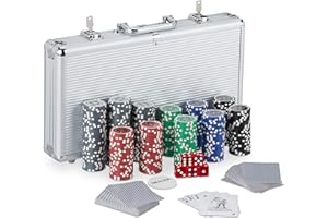 Relaxdays Valigetta Poker, 300 Chips Laser, 2 Mazzi di Carte, 5 Dadi, Dealer, Richiudibile & Portatile,Alluminio,Argento