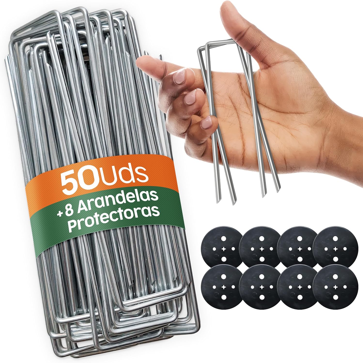 PORTENTUM Grapas Césped Artificial 50 Uds + 8 Arandelas – Piquetas Camping Suelo Duro – Estacas para Tomateras – Grapas Malla Antihierbas – 150 mm Alto – Ancho Ajustable – 3 mm Grosor