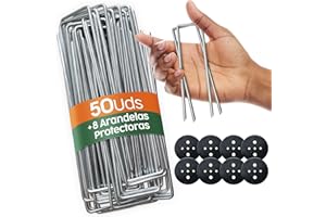 PORTENTUM Artificial Grass Staples 50 pcs + 8 Washers – Camping Stakes Hard Ground – Stakes for Tomato – Staples Mesh Anti-Weed – 150 mm High – Adjustable Width – 3 mm Thickness