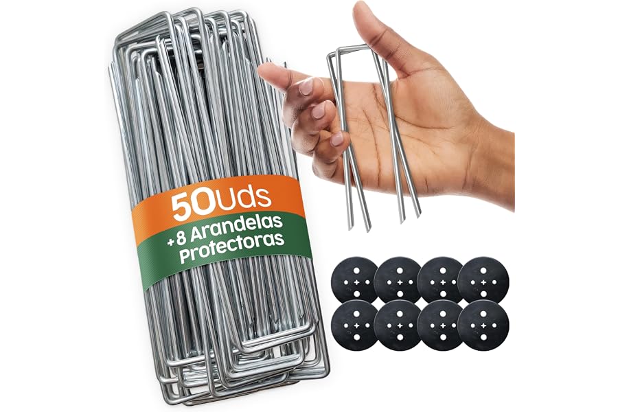 PORTENTUM Grapas Césped Artificial 50 Uds + 8 Arandelas – Piquetas Camping Suelo Duro – Estacas para Tomateras – Grapas Malla