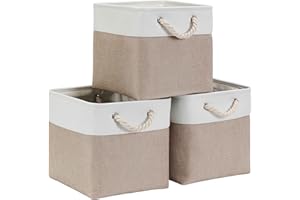 Mangata Aufbewahrungsbox 30x30x30 cm, Aufbewahrungskorb mit Griff, Aufbewahrung Korb Stoff für Regal, Schrank, und Kleidung (Faltbare, Helles Khaki Weiß, 3er Set)