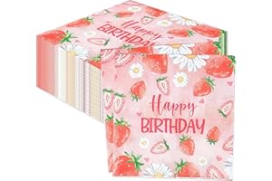 BACH AND BOUJEE 40PCS Strawberry Birthday Cocktail Napkins Disposable Berry Birthday Party Supplies Paper Napkins for Baby Shower Birthday 6.5x6.5 Inch
