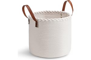 CAFETEE PANIER DE RANGEMENT COTON BLANC MOTIF TRESSE ET ANSES MARRON RIVETEES POUR DRESSING RANGEMENT DECORATION (Blanc, 26x30 cm)
