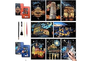 SiYear Scratch Art Painting Paper Set for Adults & Kids,Landmark Building City Series Night Scene,Scratchboard Creative Gift DIY Foil Engraving Crafts with 4 Tools (Europe Series-A3-8Pack)