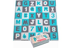 PINK PAPAYA Puzzlestar XXL, 110 pezzi puzzle tappeto per bambini in EVA antiscivolo - Il grande tappeto gioco può essere montato, ogni pezzo è 30x 30x 1cm di larghezza - Tappeto Puzzle con numeri e lettere