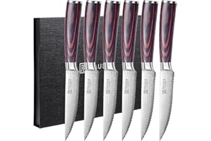 PAUDIN Coltelli da bistecca Set di 6, Coltello in acciaio inossidabile tedesco di alta qualità, lama seghettata ultra affilata e manico ergonomico in legno, coltelli da tavola con confezione regalo