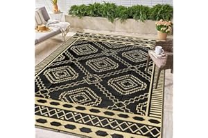 Homcomodar Outdoor Rugs for Patio Plastic Straw Rug 150x245cm Large Reversible Mats UV Resistant Camping Mats RV Mat Outdoor Area Rug for Patio Picnic(Black-Camel)