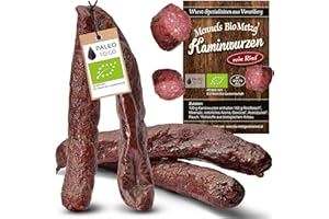 ‎PALEO TO GO BIO Rind Kaminwurzen – Rinder Rohwurst, zuckerfrei, glutenfrei – Protein Snack aus 100% Bio-Rindfleisch – Eiweißreiche Mettwurst, trocken & handgemacht – 4 Stück (1er Pack (4 Stück))