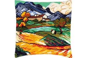 BRVSK Mount Gaussier e Farm Saint Paul di Vincent Van Gogh. Kit da ricamo. Cuscino da 40,6 x 40,6 cm. Tela da tappezzeria stampata, qualità europea