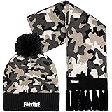 FORTNITE - Set Cappello e Sciarpa per Bambini - Cappello e Guanti di Lana Mimetico Grigio/Lama Nero - Taglia Unica per 12-16 