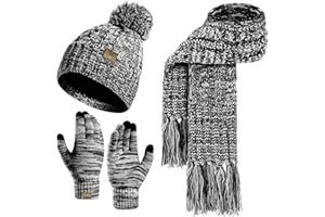 INSISMY Écharpe Chapeau Gants Ensemble Bonnet Femme Cache-Cou Longue Écharpe et Gants Thermique Écran Tactile Ensemble 3 PCS Hiver Tricoté Pom Bonnet Ensemble Unisexe Mélangé Tricot