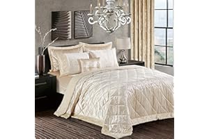 Householdfurnishing 3 Piece Crushed Velvet Bedspread Quilted Bed Throw Comforter with Pillow Shams (Santiago/Beige, King)