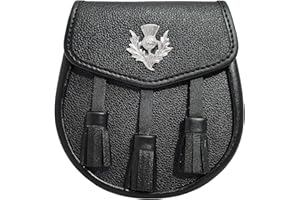 SKMAXO Sporran écossais 100% cuir noir avec chardon et 3 pompons avec chaîne de ceinture 02