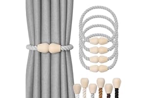 Pretty Jolly 4 Pack Wooden Magnetic Curtain Tiebacks Elegant Boho Home Decoration Drape Tie Backs Natural Cotton Handmade Rope Curtain Holdbacks for Home & Office Window Drapery (Light Grey)